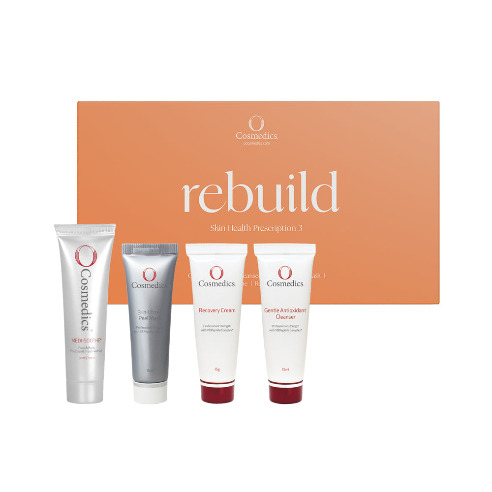 REBUILD - Skin Health Prescription Kit #3 
Gentle Antioxidant Cleanser 15ml, 3 in 1 Fruit Peel Mask 15ml, Medi-Soothe 30ml, Recovery Cream 15ml